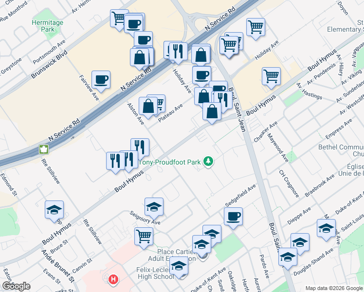map of restaurants, bars, coffee shops, grocery stores, and more near 244 Boulevard Hymus in Pointe-Claire