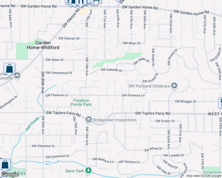map of restaurants, bars, coffee shops, grocery stores, and more near 7089 Southwest Valenta Court in Portland