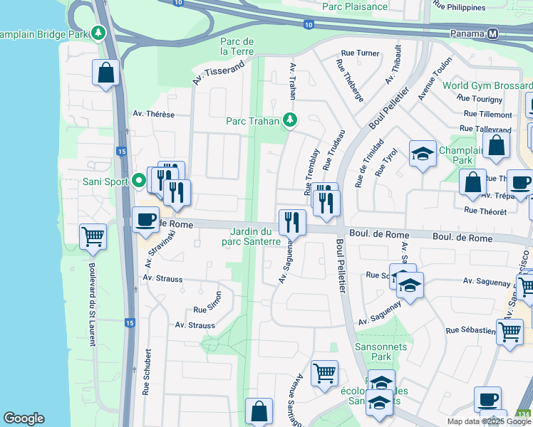 map of restaurants, bars, coffee shops, grocery stores, and more near 7775 Avenue Trahan in Brossard