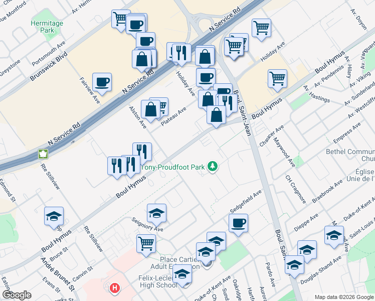 map of restaurants, bars, coffee shops, grocery stores, and more near 248 Boulevard Hymus in Pointe-Claire