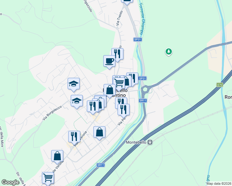 map of restaurants, bars, coffee shops, grocery stores, and more near 21 Via XXIV Maggio in Montebello Vicentino