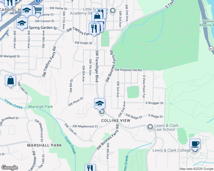 map of restaurants, bars, coffee shops, grocery stores, and more near 9320 Southwest Boones Ferry Road in Portland