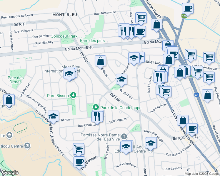 map of restaurants, bars, coffee shops, grocery stores, and more near 188 Boulevard Riel in Gatineau