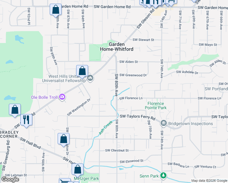 map of restaurants, bars, coffee shops, grocery stores, and more near 8012 Southwest Colin Court in Portland