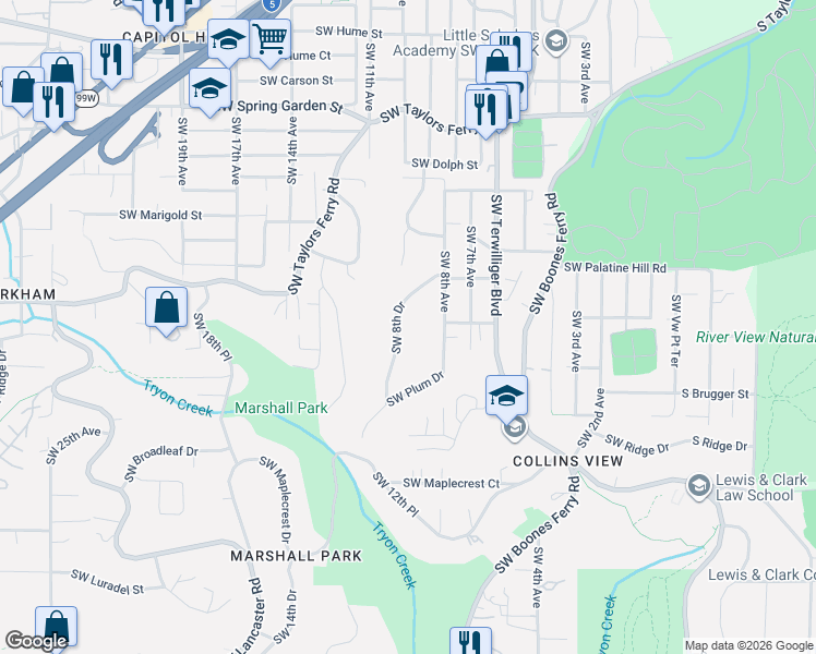 map of restaurants, bars, coffee shops, grocery stores, and more near 9316 Southwest 8th Drive in Portland
