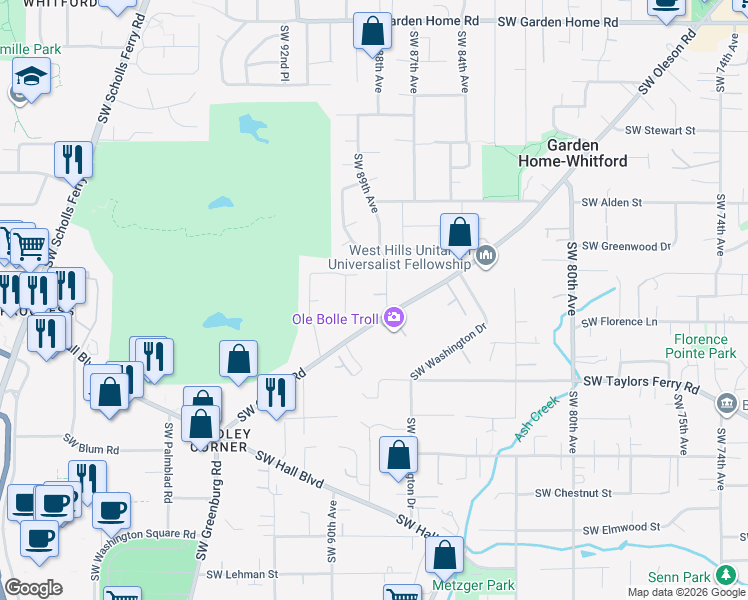 map of restaurants, bars, coffee shops, grocery stores, and more near 8944 Southwest Joe Court in Tigard