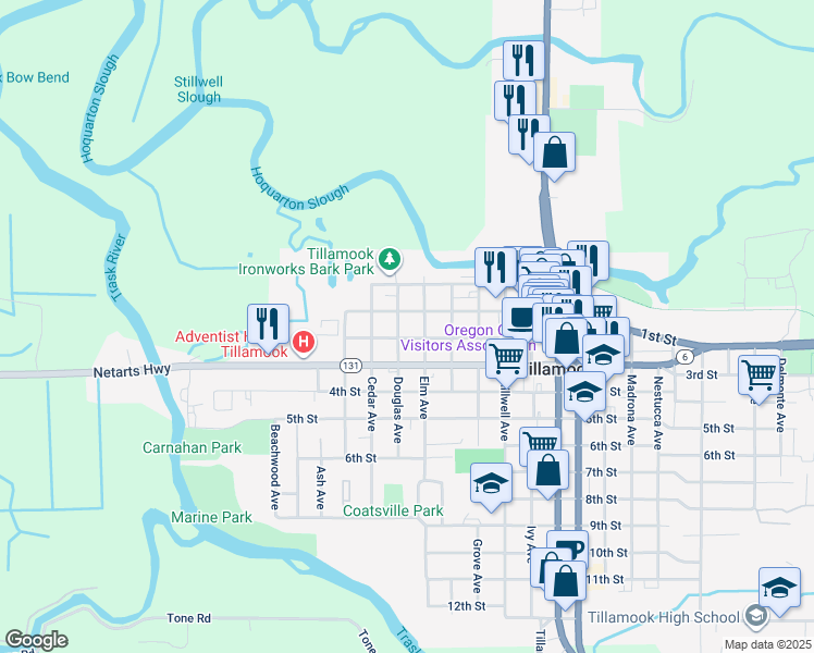 map of restaurants, bars, coffee shops, grocery stores, and more near 1315 1st Street in Tillamook
