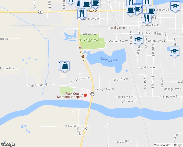 map of restaurants, bars, coffee shops, grocery stores, and more near 545 W 9th Street South in Ladysmith
