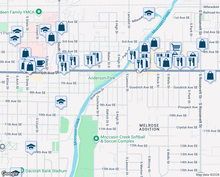 map of restaurants, bars, coffee shops, grocery stores, and more near 801 Aldrich Street South in Aberdeen