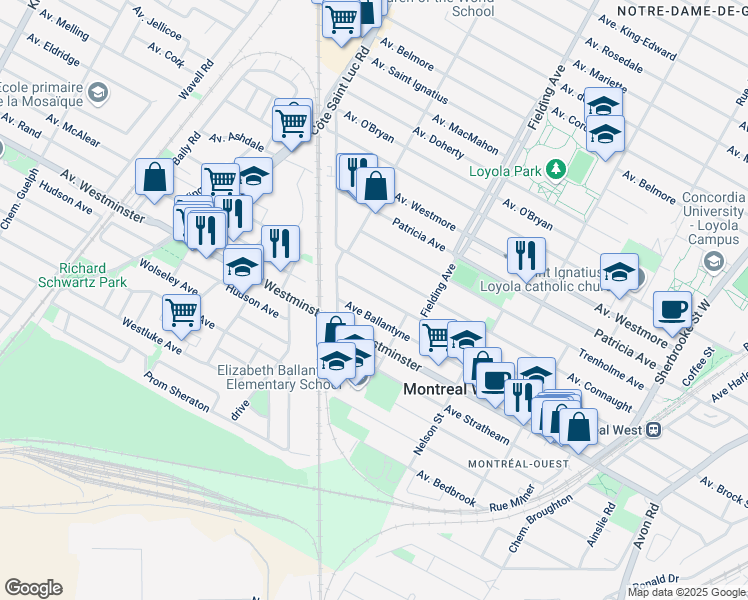 map of restaurants, bars, coffee shops, grocery stores, and more near 330 Avenue Brock Nord in Montréal-Ouest