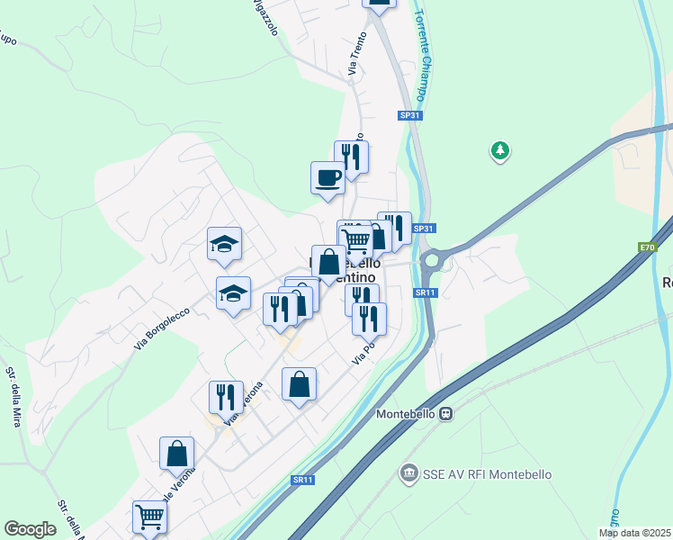 map of restaurants, bars, coffee shops, grocery stores, and more near 17 Via Castello in Montebello Vicentino