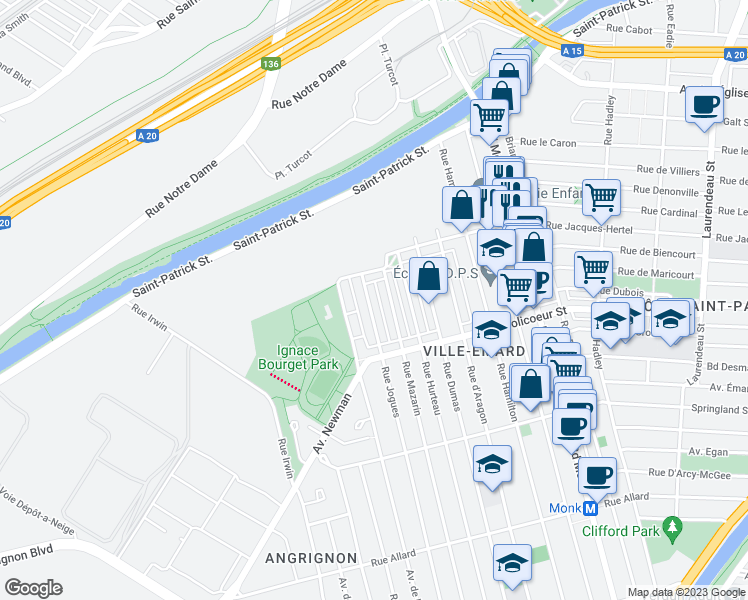map of restaurants, bars, coffee shops, grocery stores, and more near 5970 Rue Jogues in Montréal