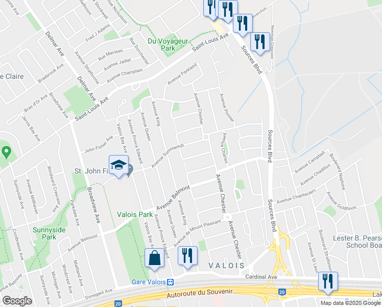 map of restaurants, bars, coffee shops, grocery stores, and more near 61 Avenue Elgin in Pointe-Claire