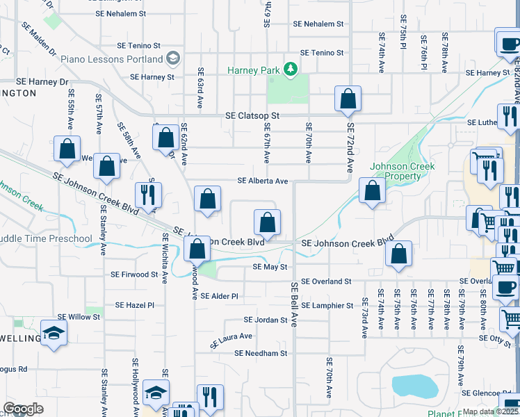 map of restaurants, bars, coffee shops, grocery stores, and more near 6532 Southeast Crosswhite Way in Portland