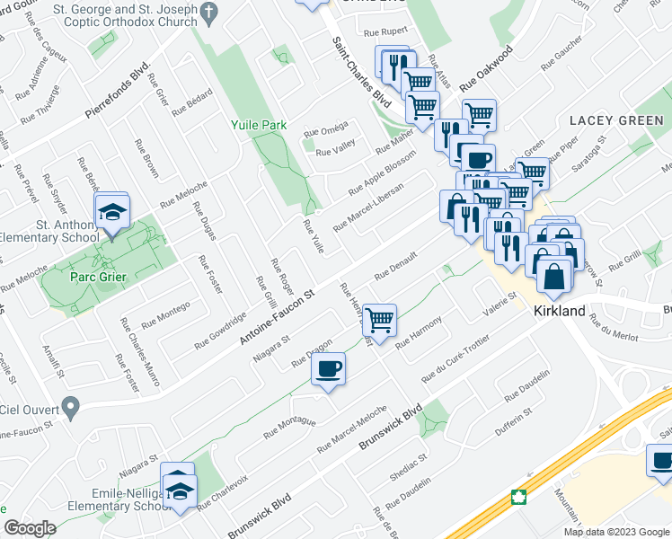 map of restaurants, bars, coffee shops, grocery stores, and more near 17481 Rue Antoine-Faucon in Montréal