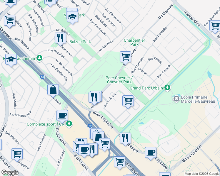 map of restaurants, bars, coffee shops, grocery stores, and more near 6545 Boulevard Chevrier in Brossard