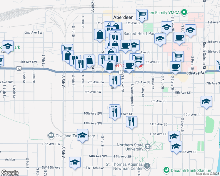 map of restaurants, bars, coffee shops, grocery stores, and more near 714 South Main Street in Aberdeen