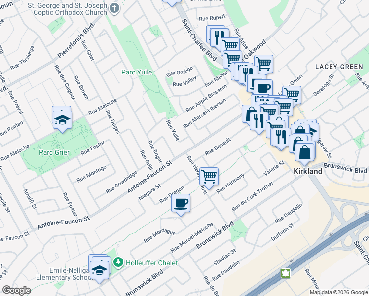 map of restaurants, bars, coffee shops, grocery stores, and more near 17481 Rue Antoine-Faucon in Montréal