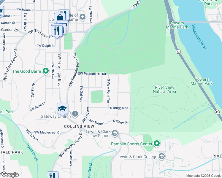 map of restaurants, bars, coffee shops, grocery stores, and more near 9310 Southwest View Point Terrace in Portland