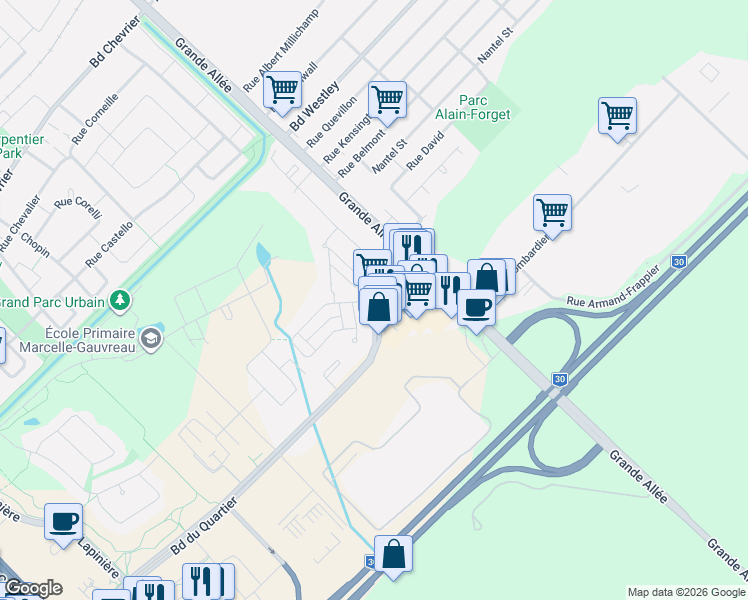 map of restaurants, bars, coffee shops, grocery stores, and more near 1015 Boulevard du Quartier in Brossard