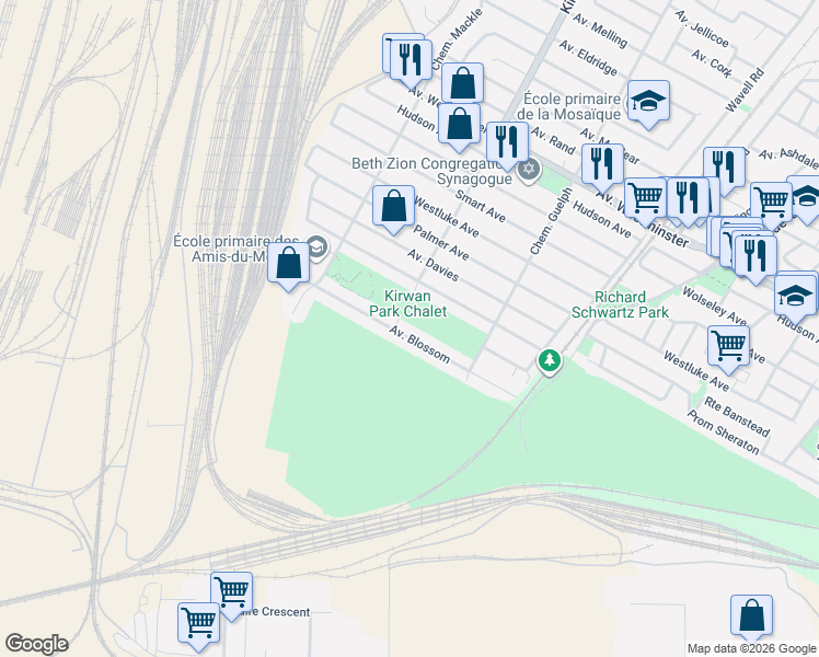 map of restaurants, bars, coffee shops, grocery stores, and more near 5741 Avenue Blossom in Côte Saint-Luc