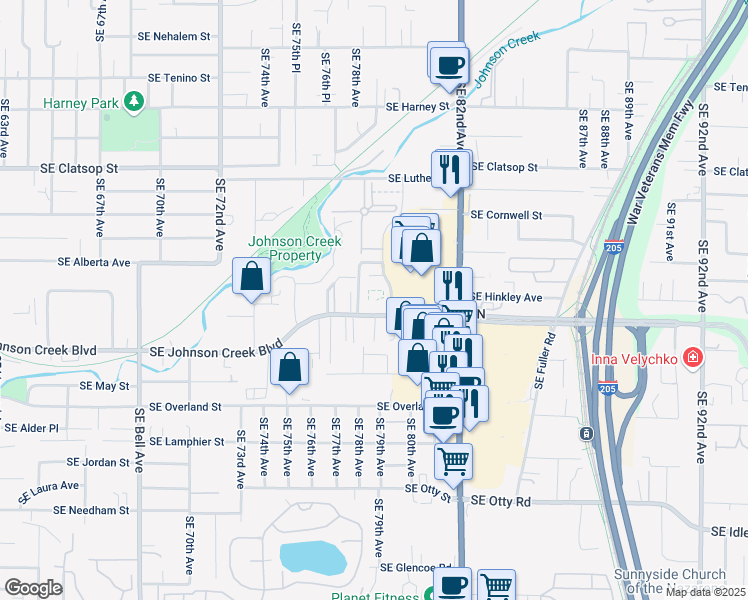 map of restaurants, bars, coffee shops, grocery stores, and more near 7833-7875 Southeast Johnson Creek Boulevard in Portland