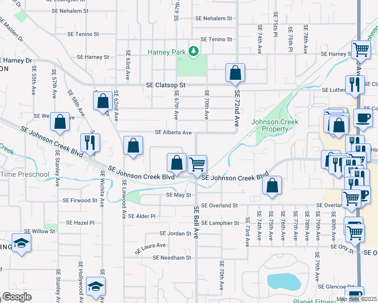 map of restaurants, bars, coffee shops, grocery stores, and more near 9144 Southeast 67th Avenue in Portland