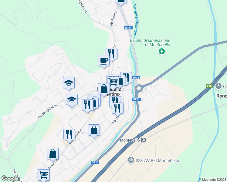 map of restaurants, bars, coffee shops, grocery stores, and more near 21 Via XXIV Maggio in Montebello Vicentino