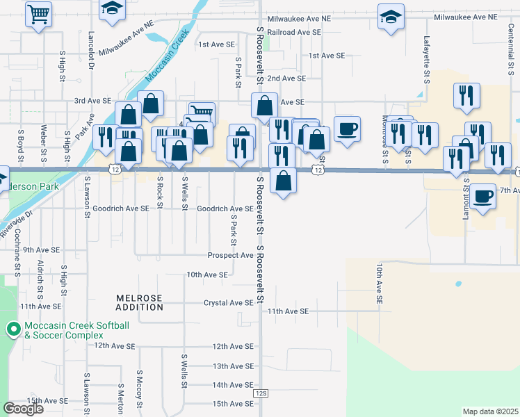 map of restaurants, bars, coffee shops, grocery stores, and more near 2399 Goodrich Ave SE in Aberdeen