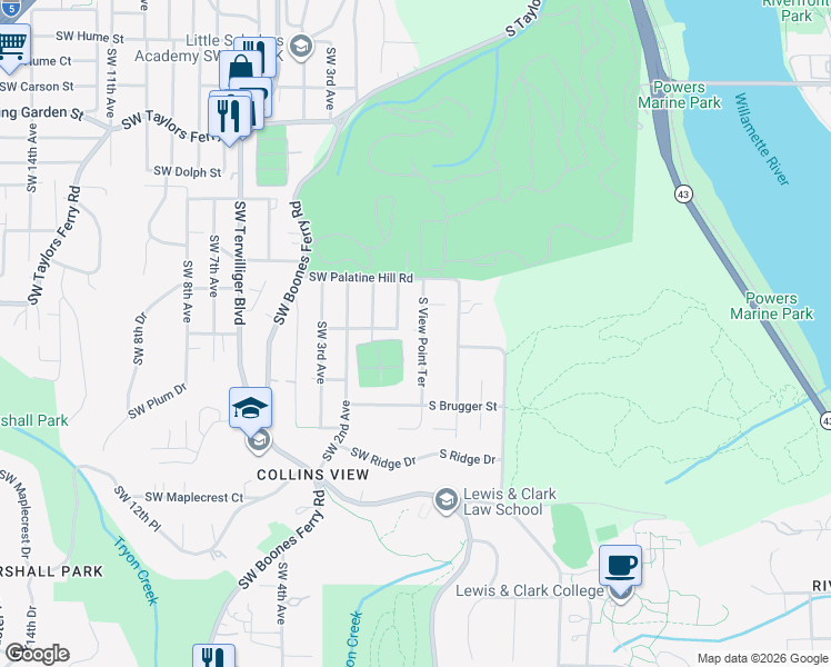 map of restaurants, bars, coffee shops, grocery stores, and more near 9310 Southwest View Point Terrace in Portland