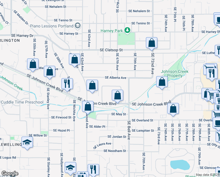 map of restaurants, bars, coffee shops, grocery stores, and more near 6532 SE Crosswhite Way in Portland
