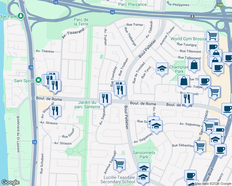 map of restaurants, bars, coffee shops, grocery stores, and more near 1355 Rue Tardif in Brossard
