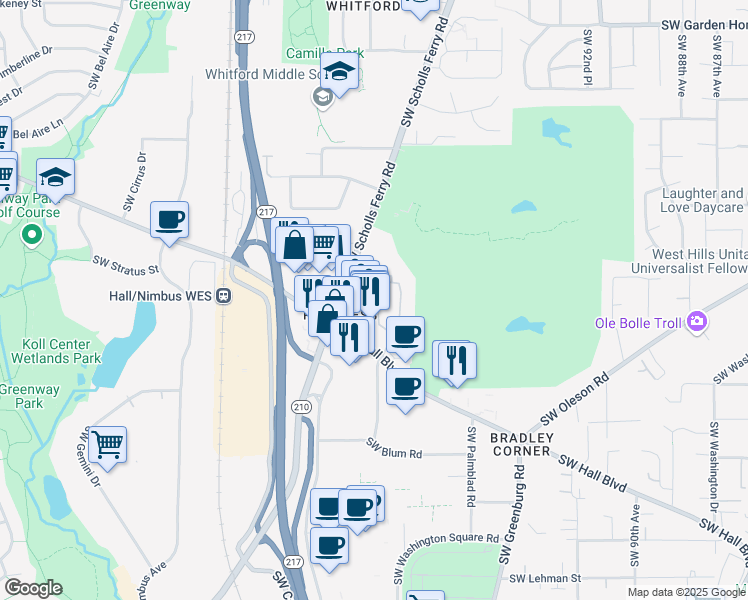map of restaurants, bars, coffee shops, grocery stores, and more near 8900 Southwest Scholls Ferry Road in Beaverton