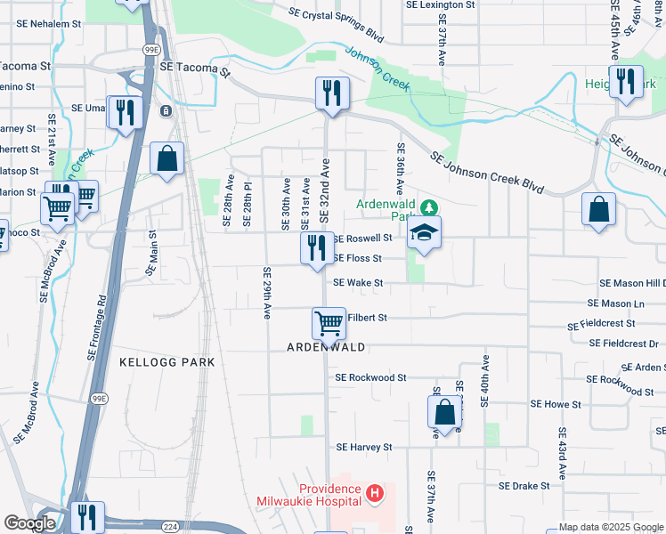 map of restaurants, bars, coffee shops, grocery stores, and more near 9020 Southeast 32nd Avenue in Milwaukie