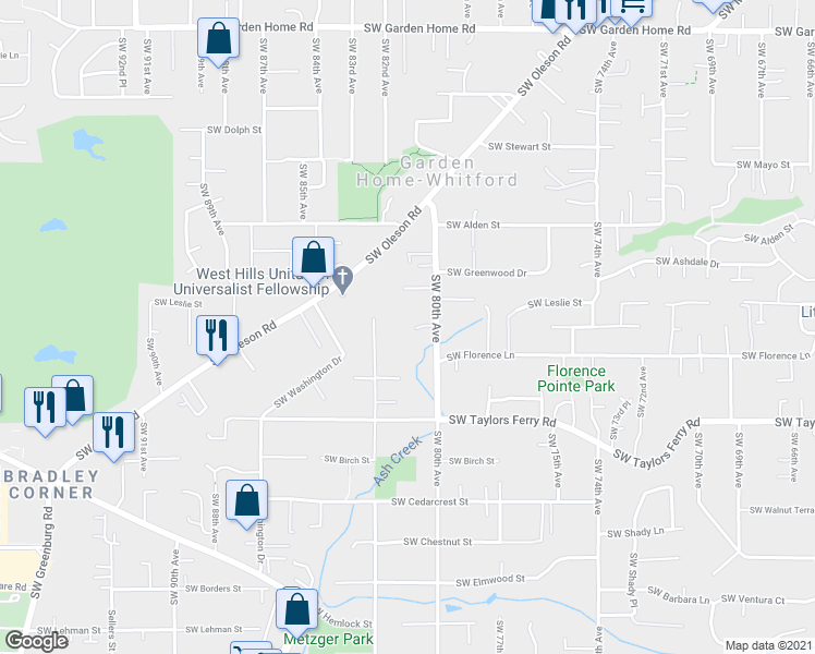 map of restaurants, bars, coffee shops, grocery stores, and more near 8078 Southwest Colin Court in Portland