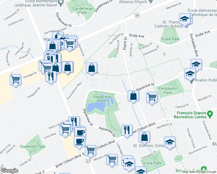 map of restaurants, bars, coffee shops, grocery stores, and more near 2208 Silverado Crescent in Ottawa
