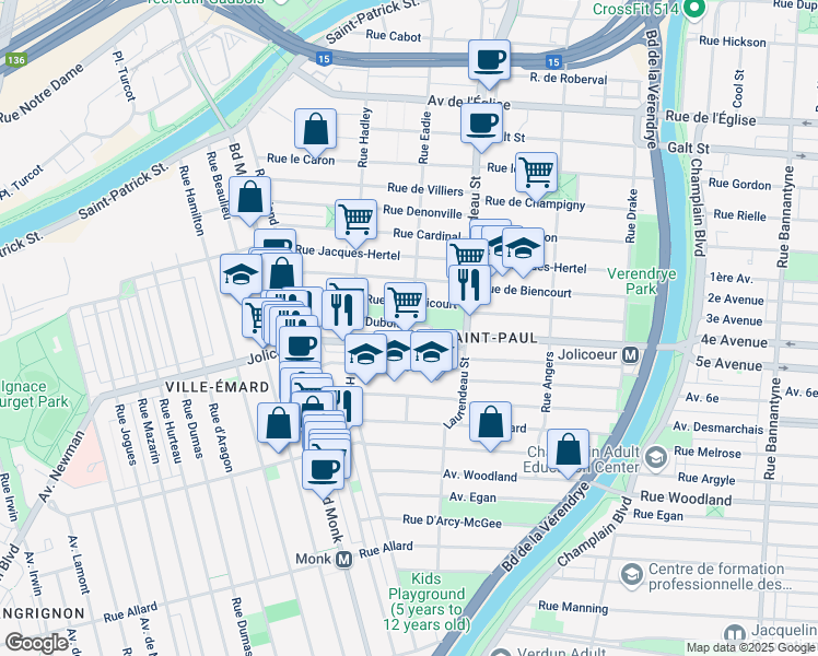 map of restaurants, bars, coffee shops, grocery stores, and more near 1900 Rue Dubois in Montréal