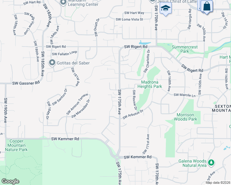 map of restaurants, bars, coffee shops, grocery stores, and more near 8659 Southwest 175th Avenue in Beaverton