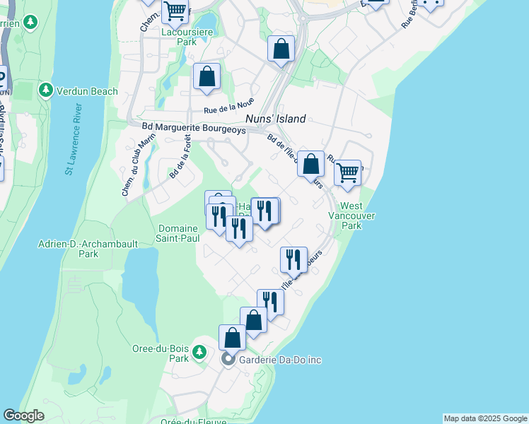 map of restaurants, bars, coffee shops, grocery stores, and more near 260 Rue Elgar in Montréal