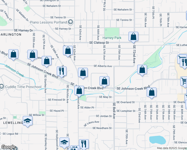 map of restaurants, bars, coffee shops, grocery stores, and more near 6440 Southeast Crosswhite Way in Portland