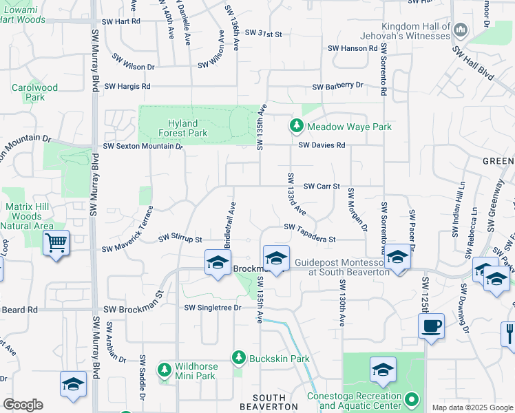 map of restaurants, bars, coffee shops, grocery stores, and more near 8640 Southwest Cortez Court in Beaverton