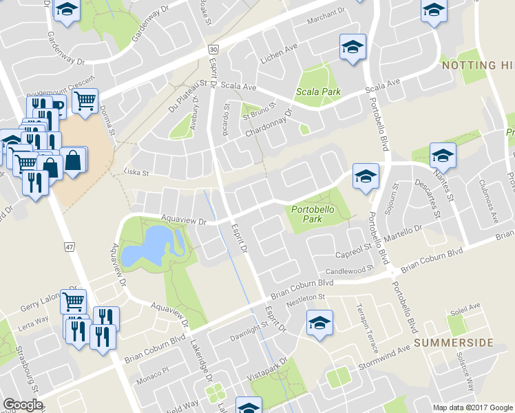 map of restaurants, bars, coffee shops, grocery stores, and more near 615 Aquaview Dr in Ottawa