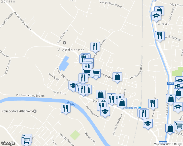 map of restaurants, bars, coffee shops, grocery stores, and more near 350 Via Roma in Vigodarzere