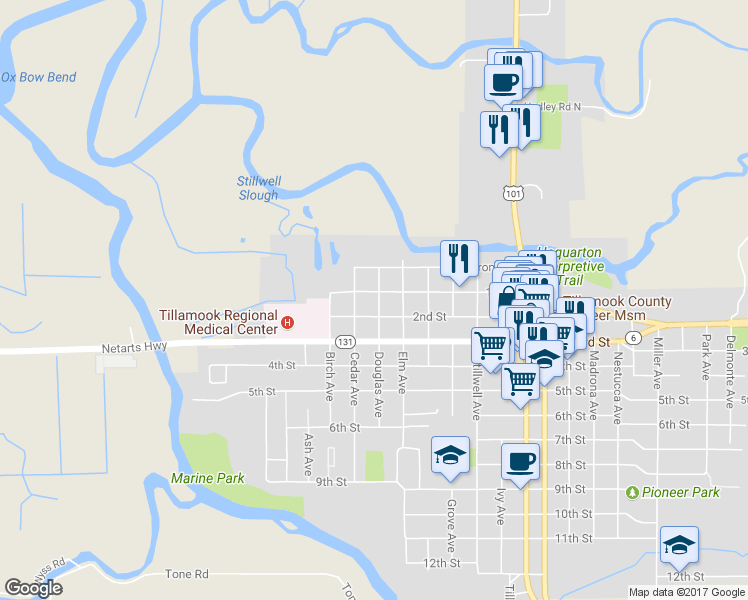 map of restaurants, bars, coffee shops, grocery stores, and more near 1315 1st Street in Tillamook