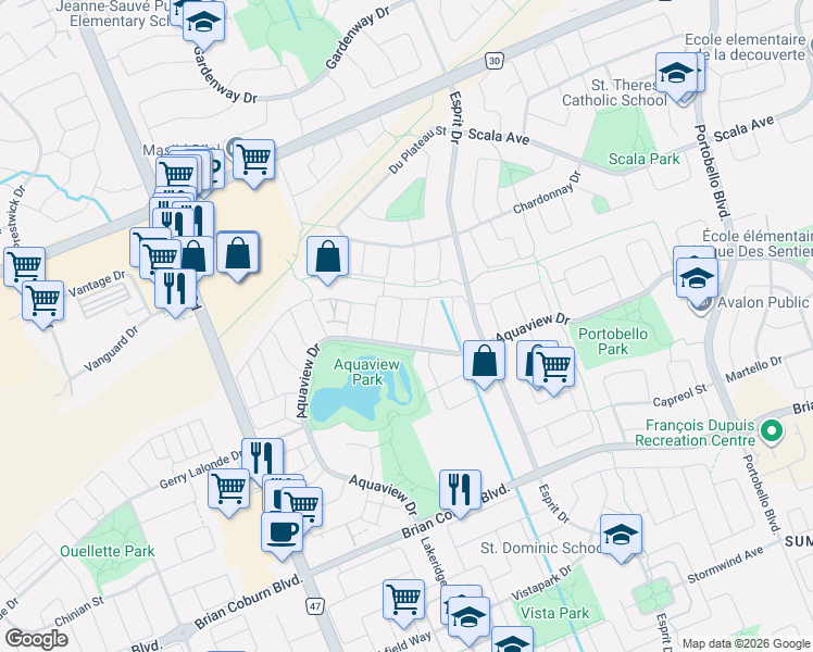 map of restaurants, bars, coffee shops, grocery stores, and more near 2215 Silverado Crescent in Ottawa