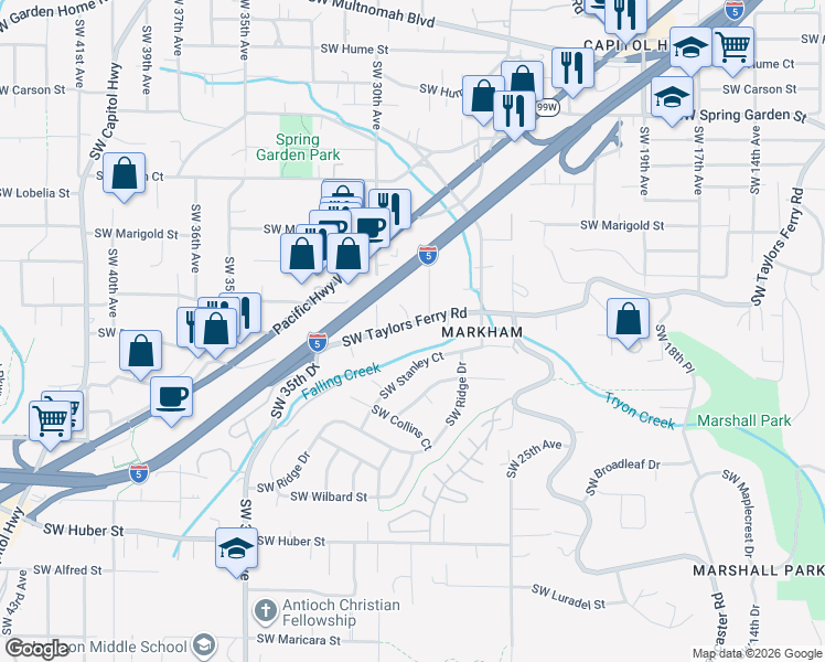 map of restaurants, bars, coffee shops, grocery stores, and more near 2820 Southwest Taylors Ferry Road in Portland