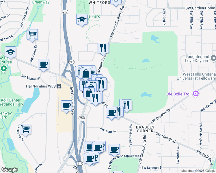 map of restaurants, bars, coffee shops, grocery stores, and more near 8655 Southwest Brightfield Circle in Portland