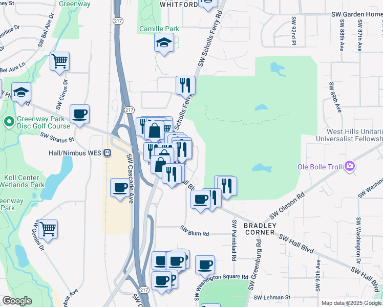 map of restaurants, bars, coffee shops, grocery stores, and more near 8655 Southwest Brightfield Circle in Portland