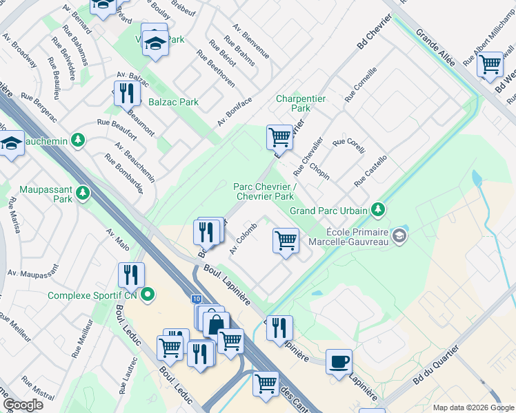 map of restaurants, bars, coffee shops, grocery stores, and more near 4485 Avenue Colomb in Brossard