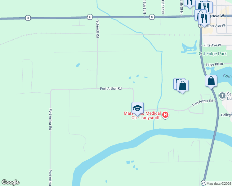 map of restaurants, bars, coffee shops, grocery stores, and more near W8706 Port Arthur Road in Ladysmith